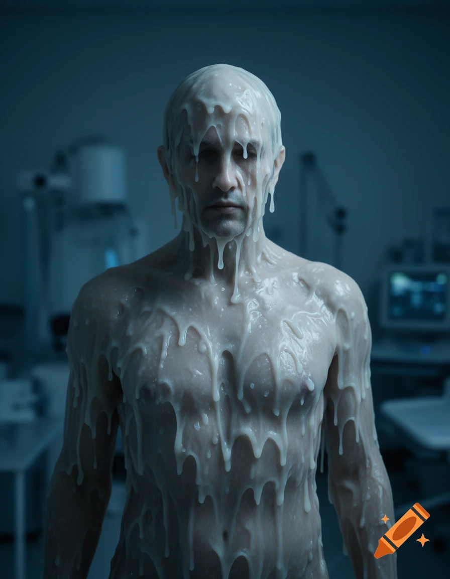 A shirtless man covered in white, melting liquid stands in a dimly lit, blue-toned medical lab.