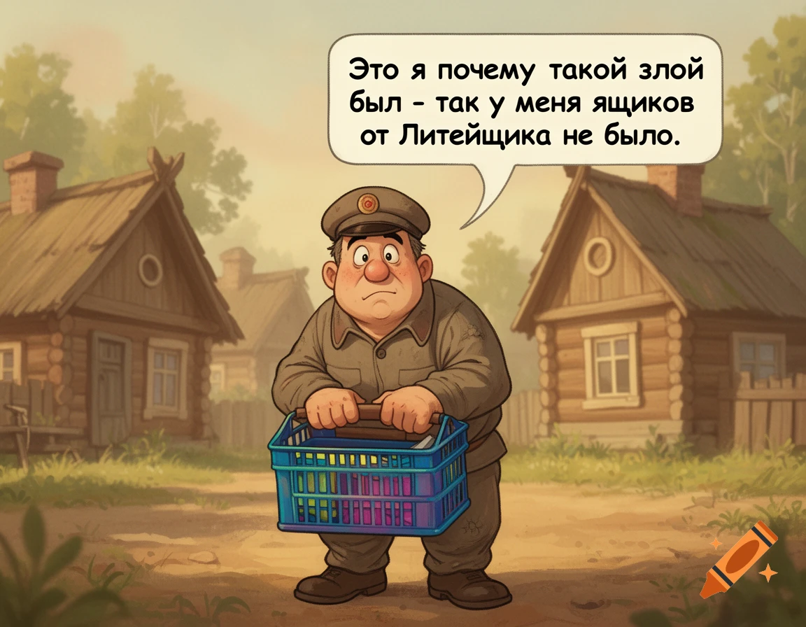 Cartoon Postman Pechkin in a village, holding a blue crate, with a speech bubble above his head.
