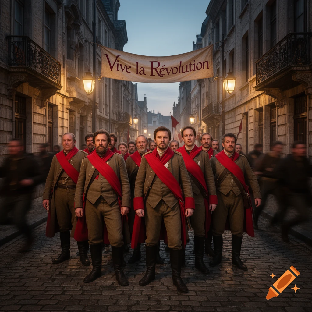 Photorealistic image of men in historical uniforms with red sashes standing on a cobblestone street under a banner reading 'Vive la R r évolution' at dusk.