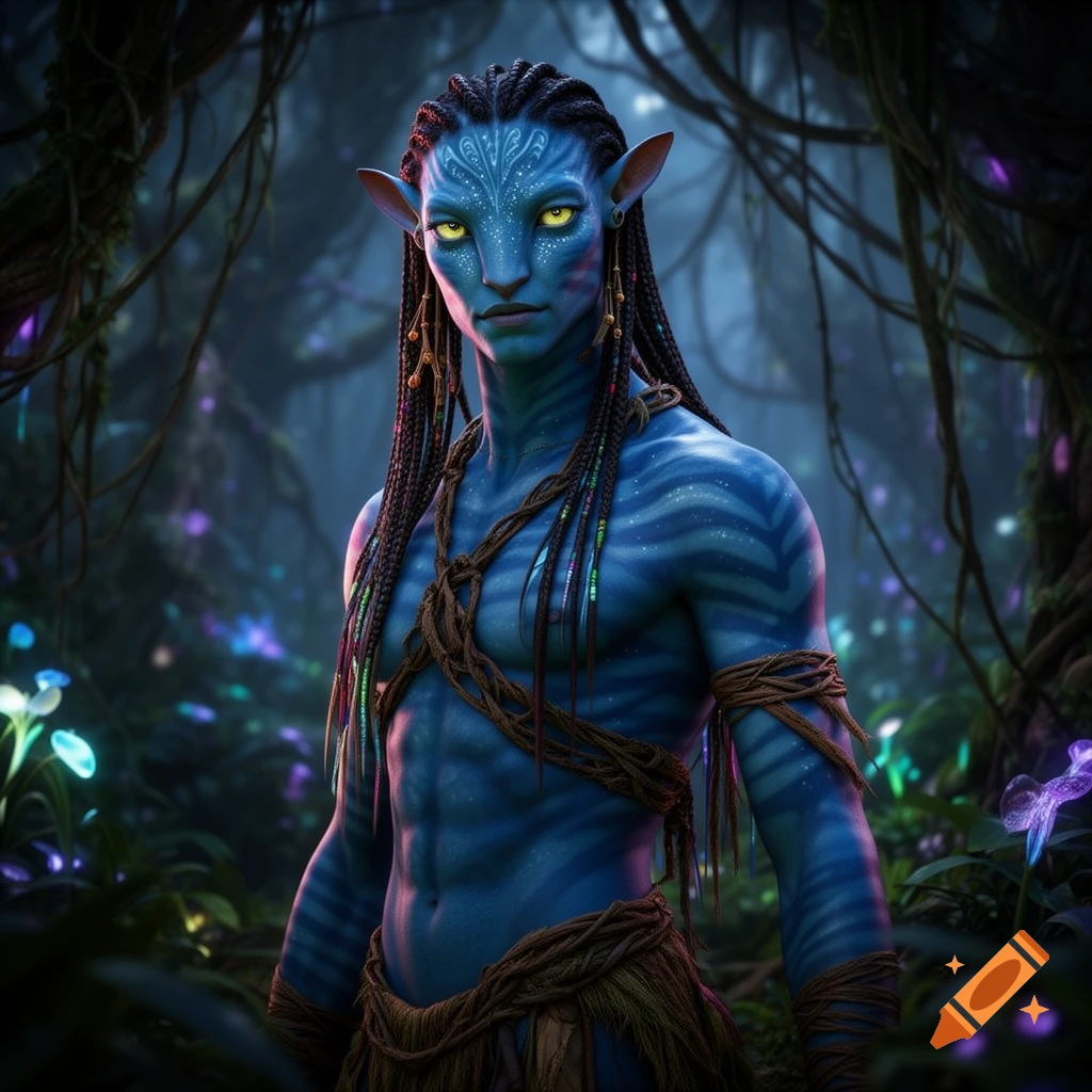Photorealistic portrait of a blue-skinned Na'vi male with yellow eyes and dreadlocks in a glowing jungle.