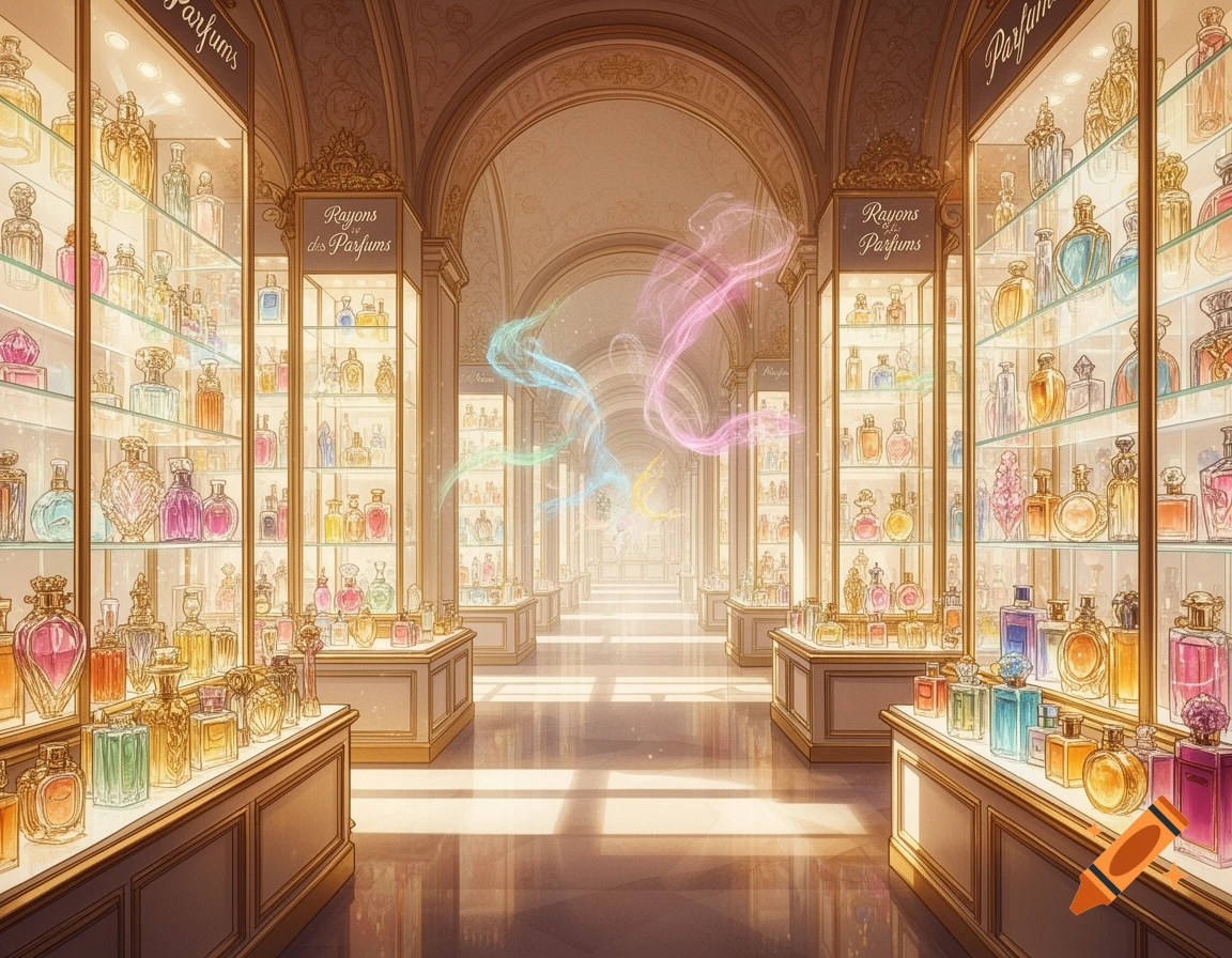 An elegant, long hall of a luxury perfume department store, lined with glowing display cases filled with colorful perfume bottles, in a dreamy, illustrated style.