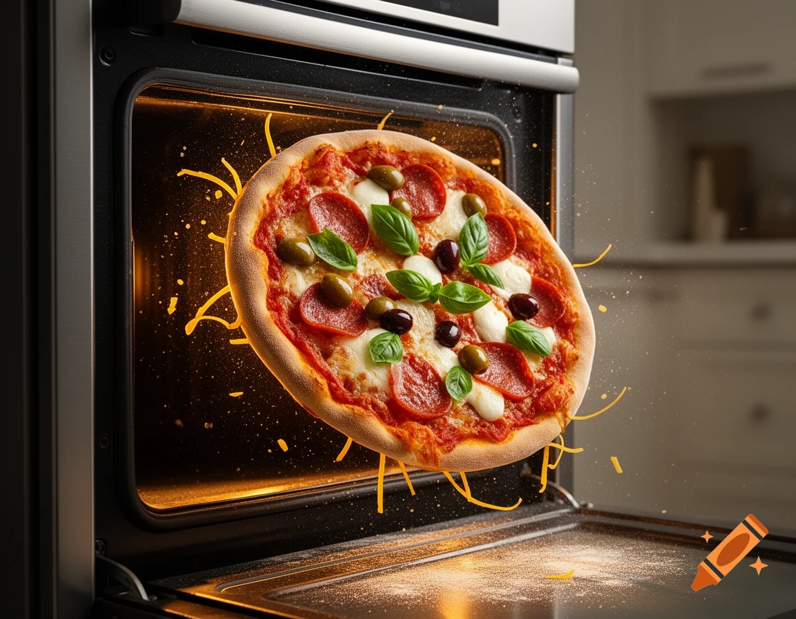 A pepperoni, olive, and basil pizza floating above an open oven, with cheese and flour particles flying around.
