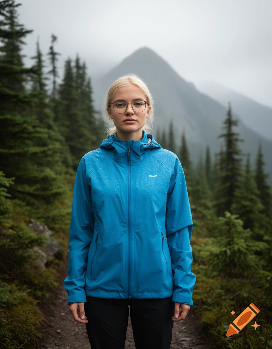 A blonde woman in glasses wears a blue waterproof jacket on a rainy mountain path amidst pine trees and fog.