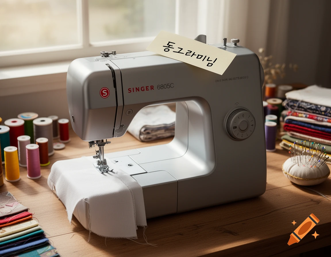 A photorealistic image of a Singer 6805C sewing machine on a wooden table with spools of thread, fabric scraps, and a pin cushion. A note with "동그라미님" is attached to the machine.