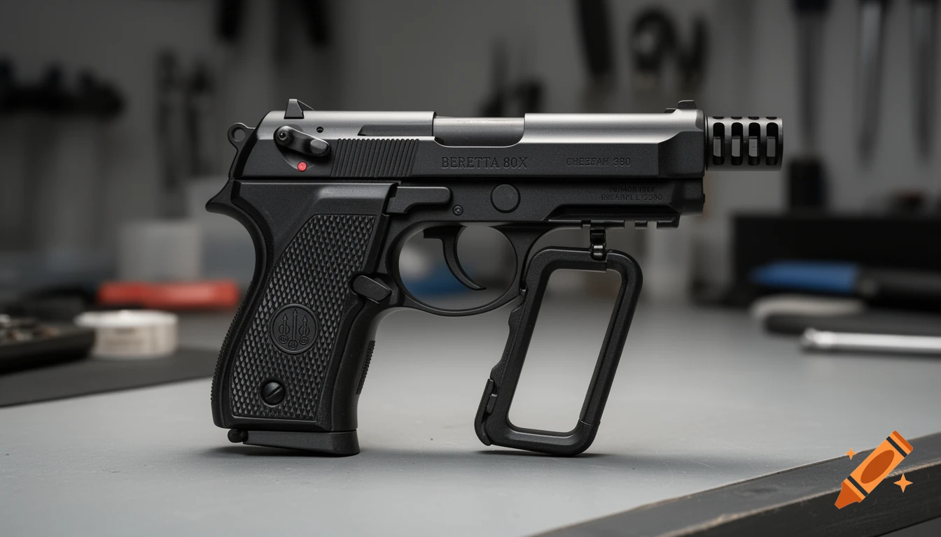 A detailed studio photograph of a custom matte black Beretta 80x Cheetah .380 pistol with an extended barrel and trigger guard, on a clean workbench.