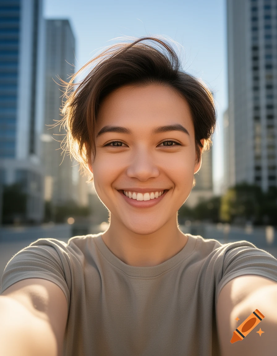 Close-up photorealistic selfie of a smiling young person with short hair, against a bright city skyline.