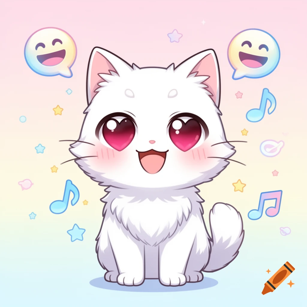 A cute white anime cat with heart eyes smiles, surrounded by happy face emojis, musical notes, and stars on a pastel gradient background.