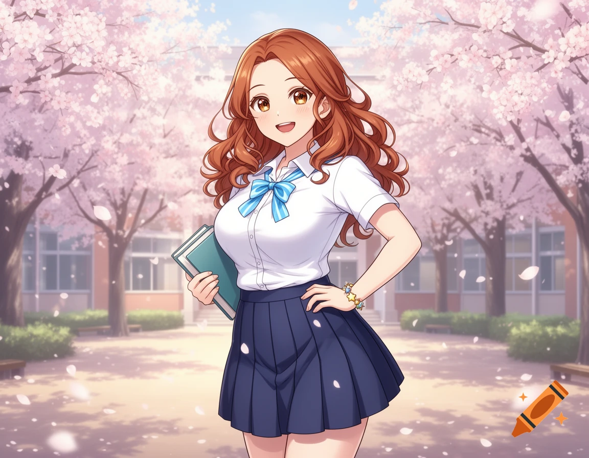 Smiling anime female student with brown curly hair, wearing a white shirt and navy skirt, holding a book under cherry blossom trees.