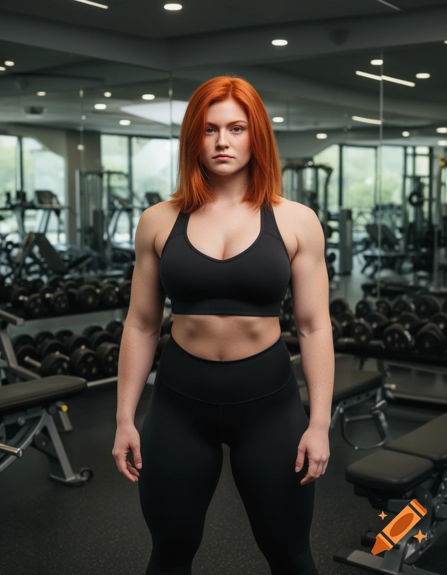 Photorealistic muscular red-haired woman in a black sports bra and leggings stands frontally in a gym.