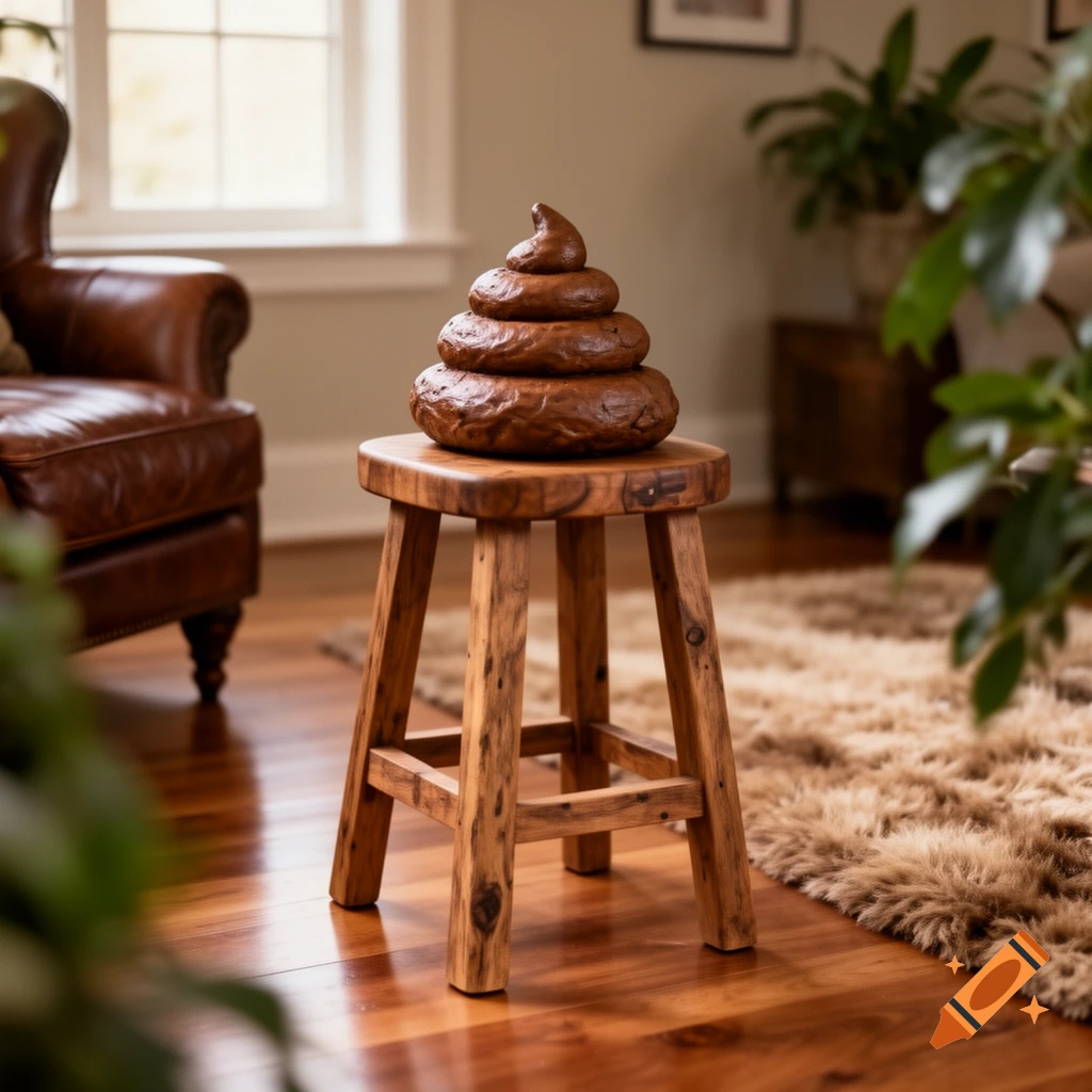 A stylized, realistic pile of brown feces sits on a small wooden stool in a well-lit living room.