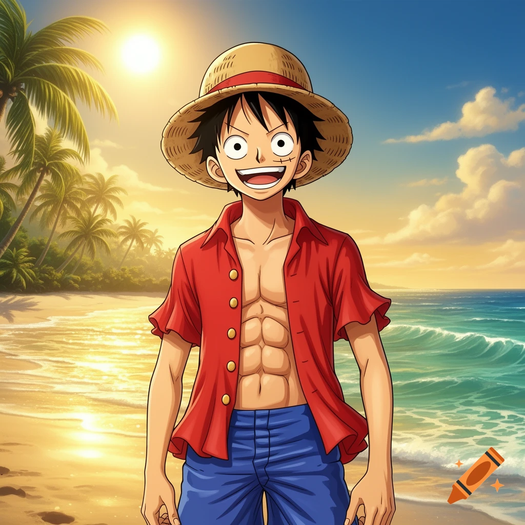 Anime illustration of Luffy from One Piece without his scar, smiling brightly on a sunny tropical beach.