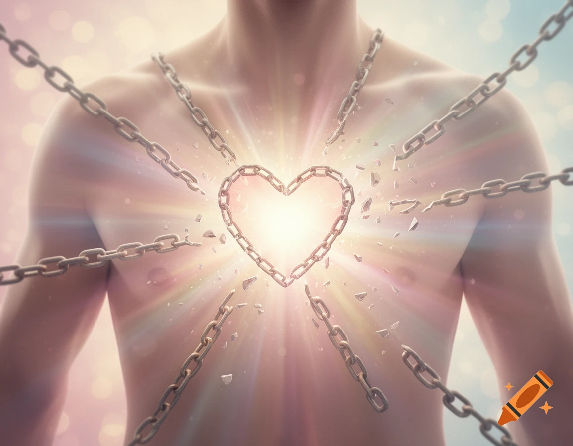 A bare torso with a glowing heart-shaped chain breaking apart, surrounded by bursting chain links and soft light against a pastel background.