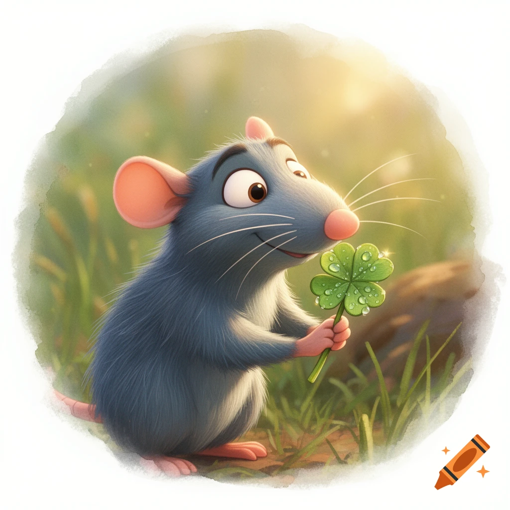 A cute blue cartoon rat resembling Remy from Ratatouille holds a glistening four-leaf clover in a sunlit grassy field.