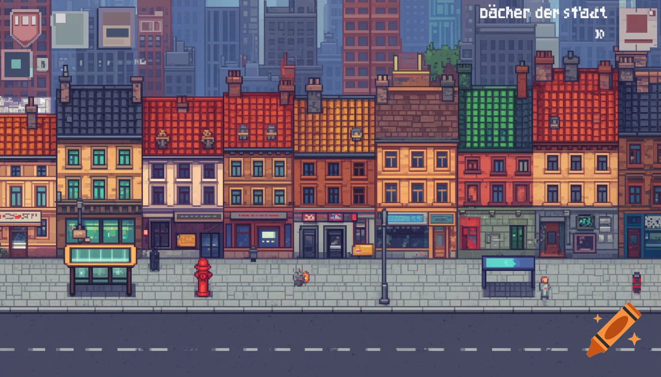 Pixel art 2D side-scroller of a city street with colorful buildings, sidewalk, fire hydrant, and bus stop, under text 'bächer der stadt'.