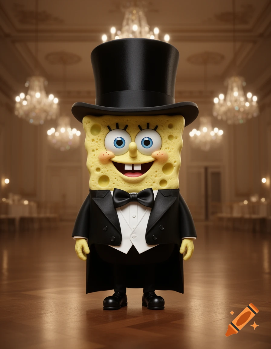 A realistic 3D render of SpongeBob SquarePants wearing a black tuxedo and an oversized top hat, standing in a grand ballroom with chandeliers.