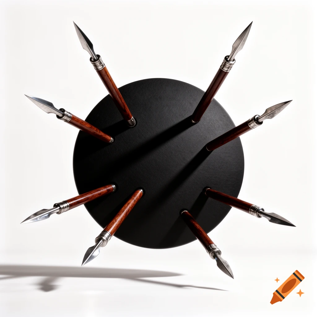 Eight spears with wooden handles and silver points pierce a black circular disc, casting strong shadows on a white background in a photorealistic style.