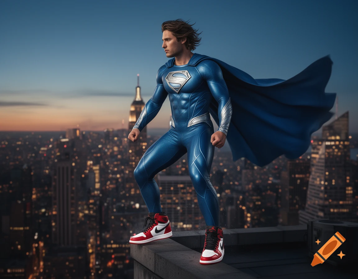 Photorealistic image of a male superhero in a blue suit, red cape, and red and white Jordan Retro 1 sneakers, standing on a city rooftop at dusk.