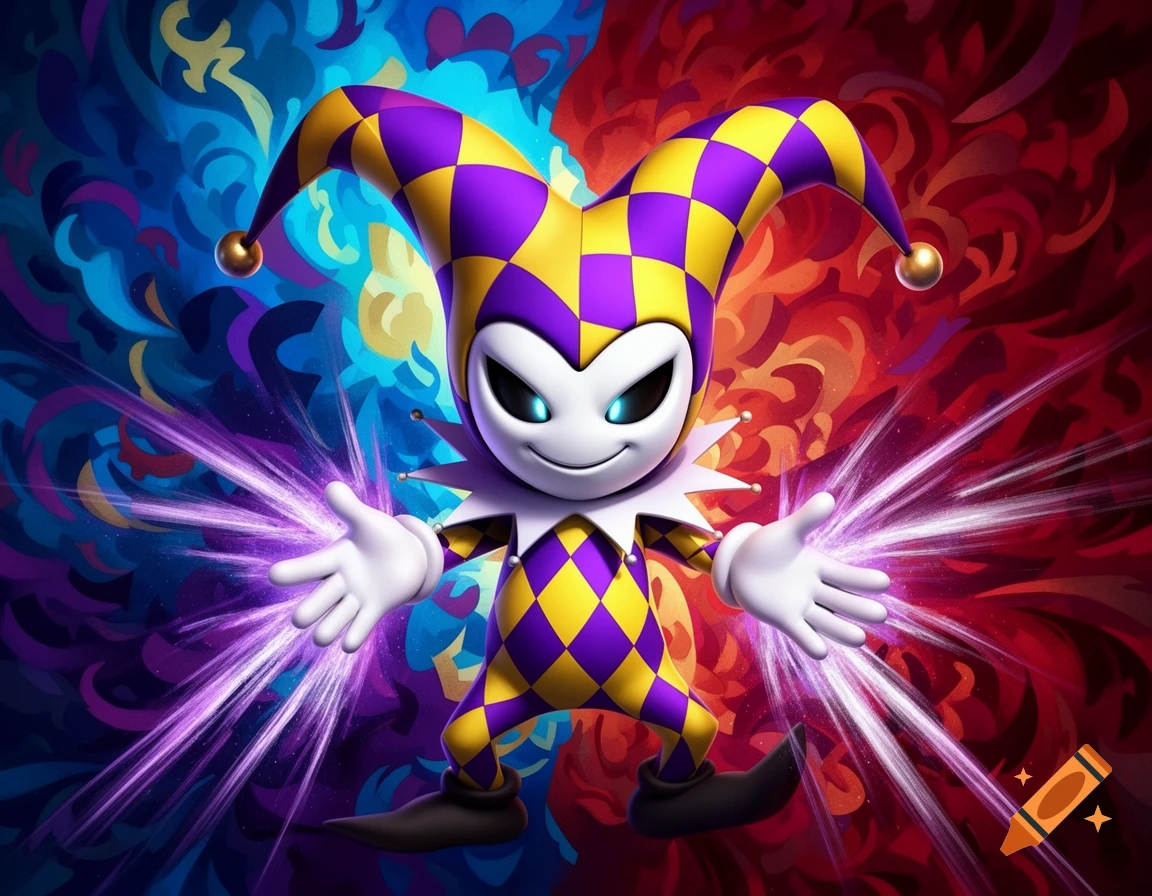 A cartoon jester in purple and yellow checks with glowing eyes and pointed hat, emitting purple energy from hands against a split blue and red background.