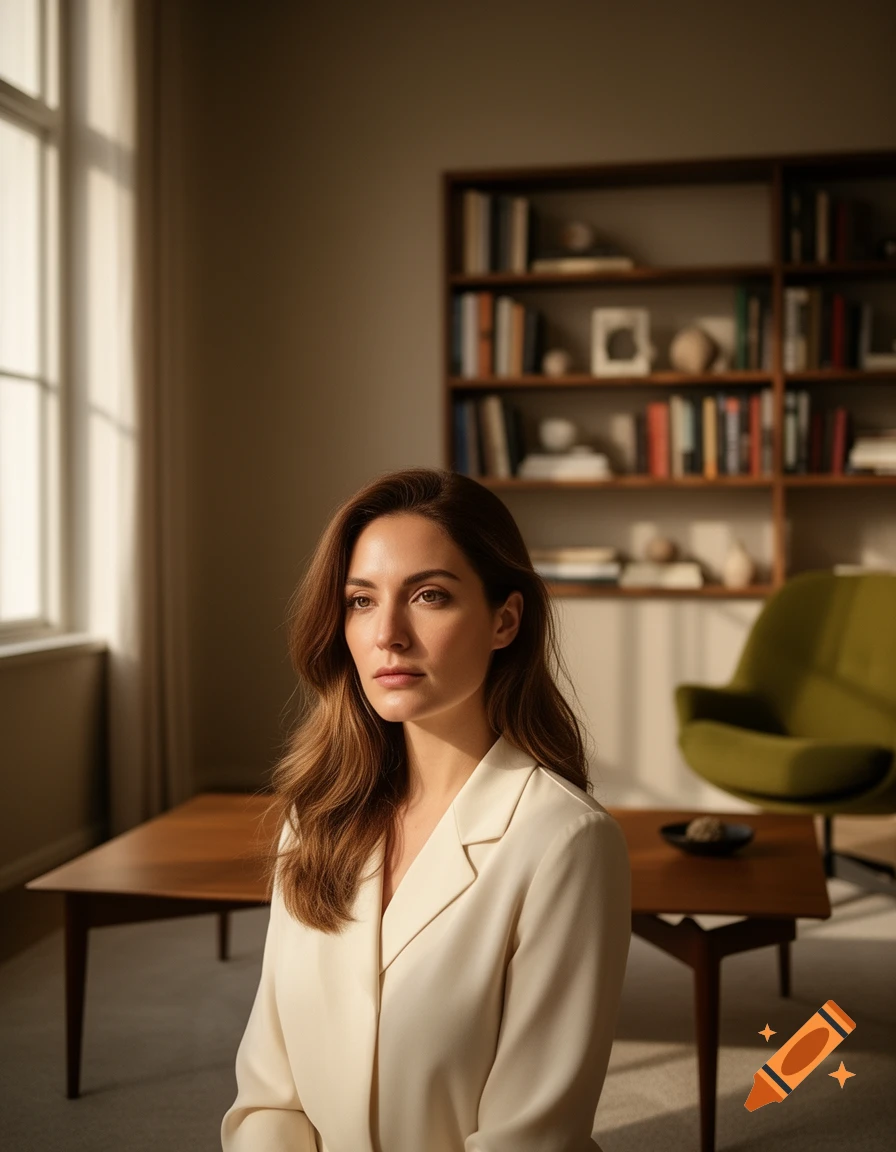 A thoughtful woman with brown hair in a cream blouse, bathed in sunlight, in a room with a bookshelf and table.