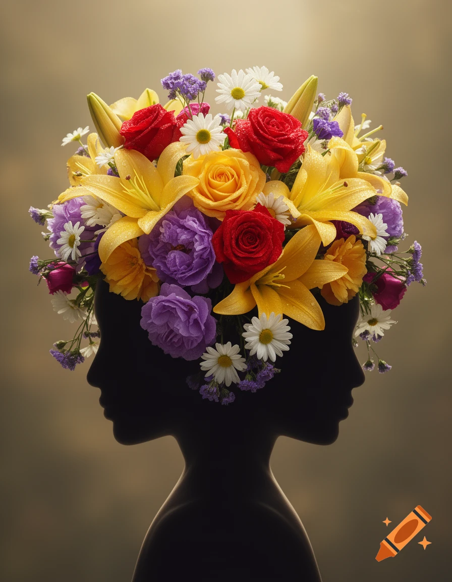 Two silhouetted women's profiles facing away, their heads forming a vibrant bouquet of red roses, yellow lilies, and purple flowers against a muted background.