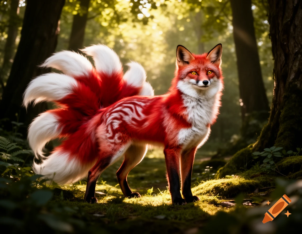 A vibrant red and white kitsune with multiple white-tipped tails stands in a sunlit forest.