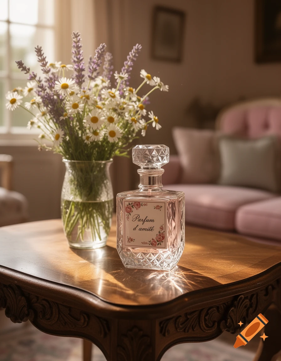 A perfume bottle labeled "Parfum d'amitié" next to a vase of daisies and lavender on a sunlit wooden table.