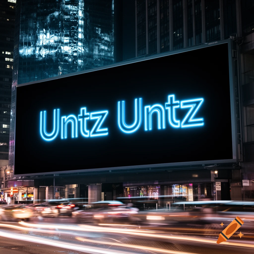 A large billboard displays 'Untz Untz' in bright blue neon letters on a busy city street at night, with light trails from cars.