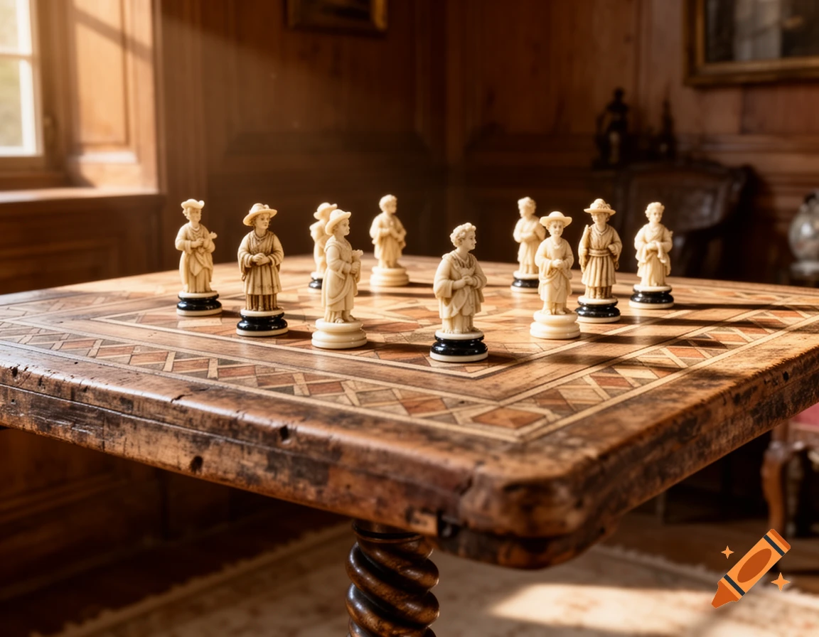 Antique wooden board game table with ornate inlay, featuring cream-colored human-like figurines arranged as game pieces, bathed in warm light.