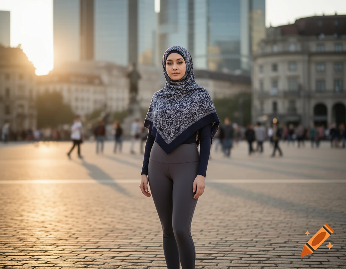 A Muslim woman wearing a patterned hijab and grey yoga pants stands in a sunny city square with buildings in the background.