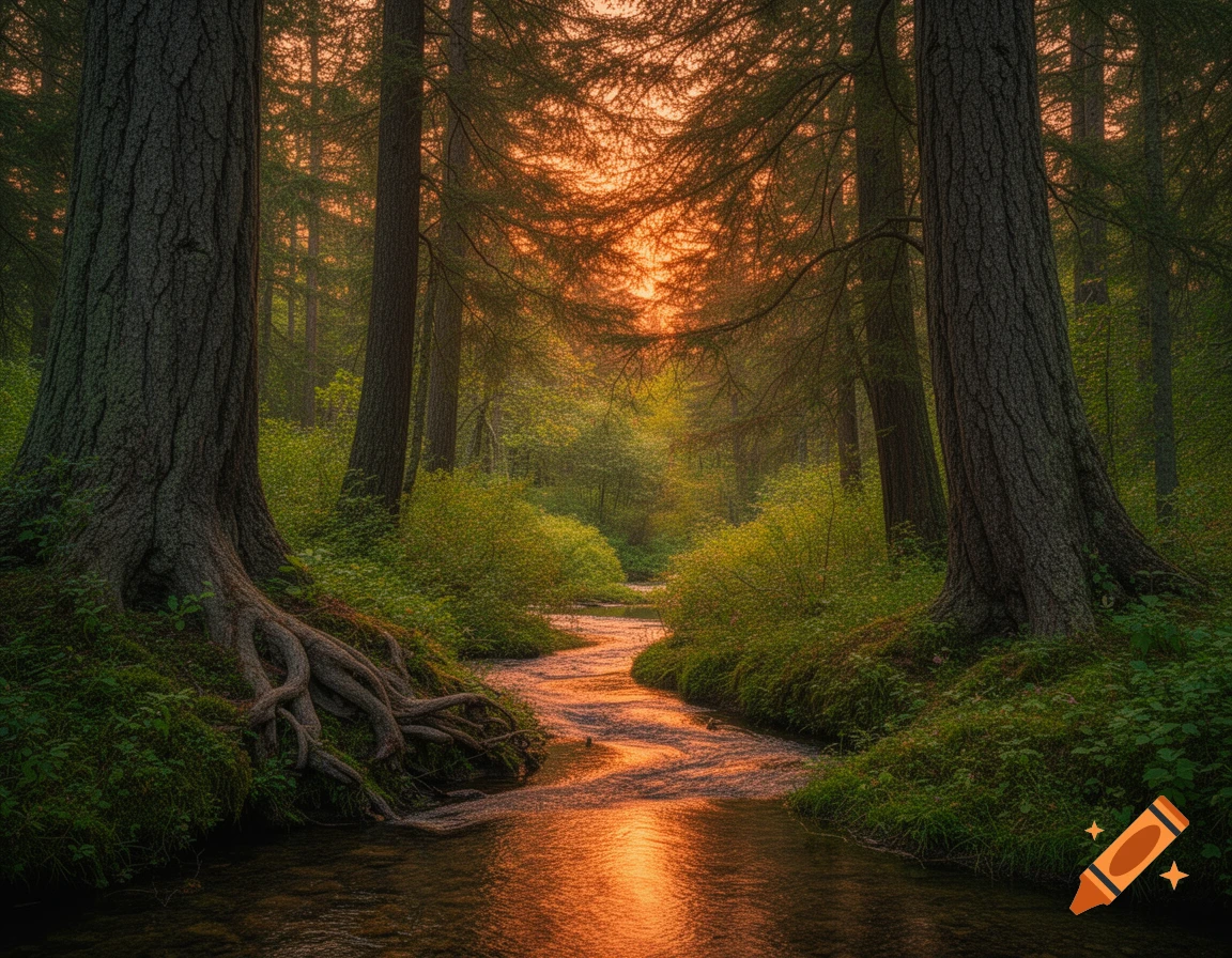 Photorealistic image of a winding stream reflecting the golden sunset light as it flows through a dense, lush forest.