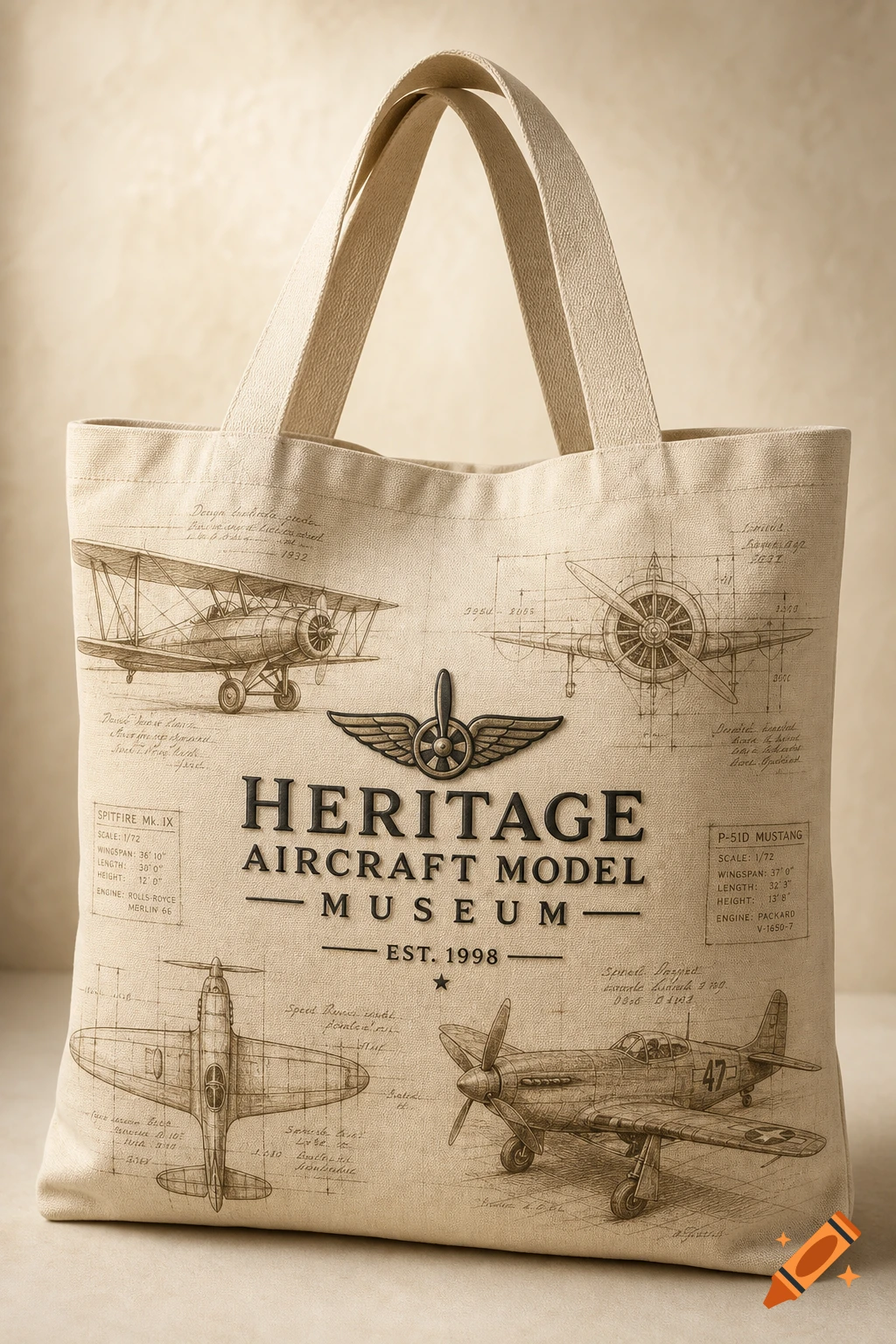 A beige canvas tote bag featuring detailed blueprint-style illustrations of vintage aircraft and the 'Heritage Aircraft Model Museum' logo.