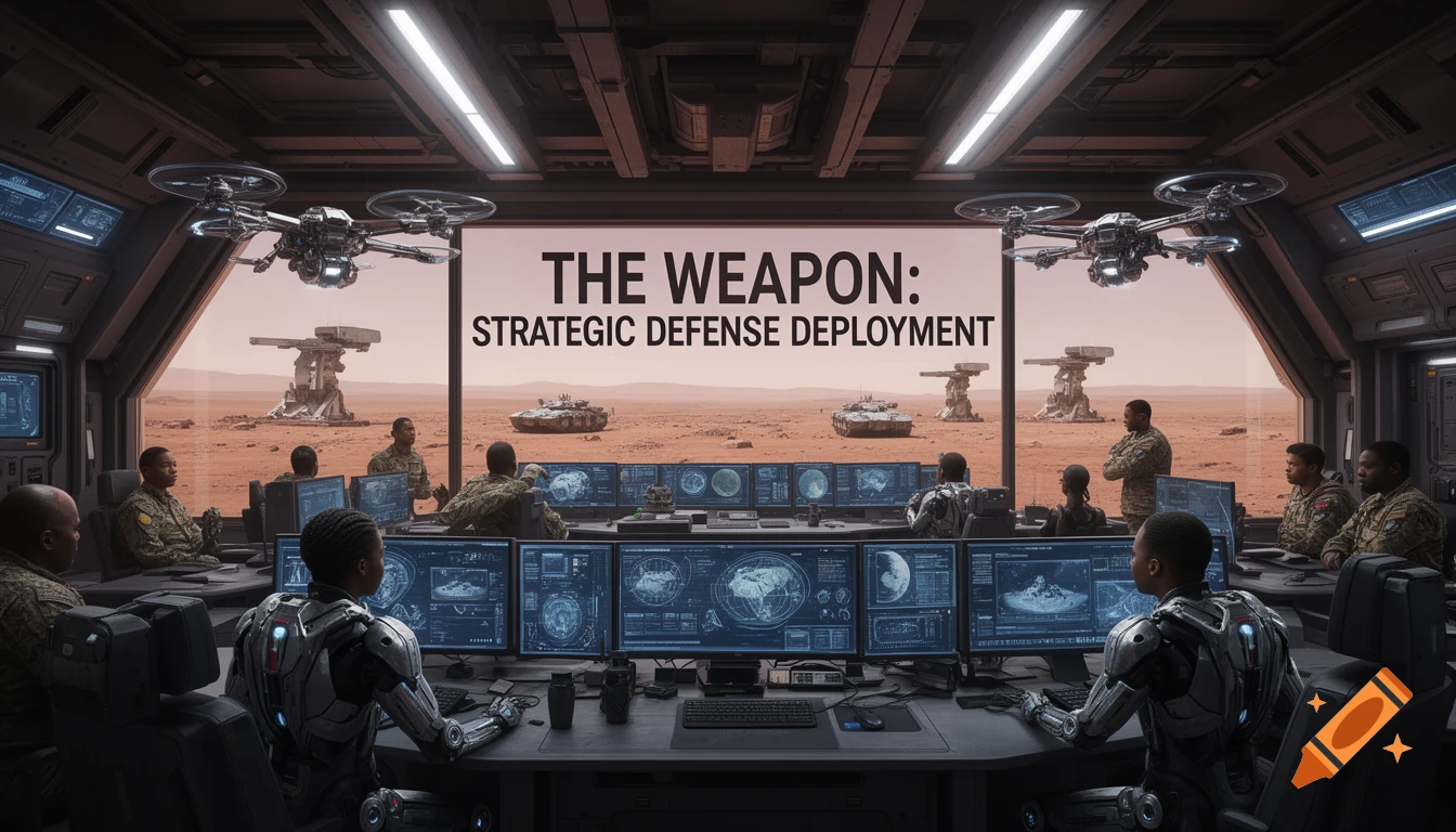 Futuristic military control room with operators in sci-fi suits and soldiers. A large screen displays 'THE WEAPON: STRATEGIC DEFENSE DEPLOYMENT' overlooking a Martian military base.