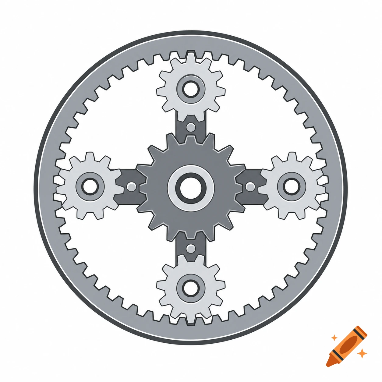 An icon design showing a complex gear mechanism with a central gear surrounded by four smaller gears inside a larger ring gear.