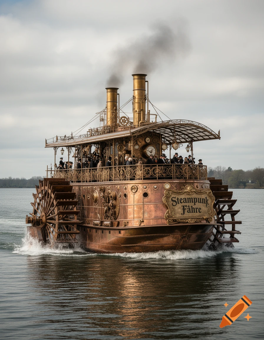A detailed steampunk paddleboat with golden smokestacks, gears, and a "Steampunk Fähre" sign, carrying passengers on a river.