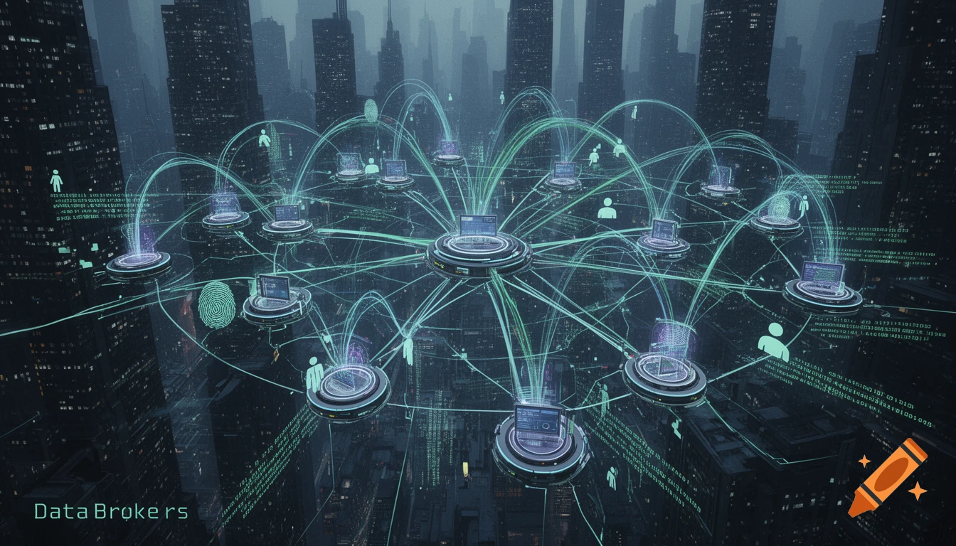 A futuristic cityscape with a digital network connecting nodes representing laptops, people, and fingerprints, illustrating data brokerage. Text 'Data Brokers' is visible.
