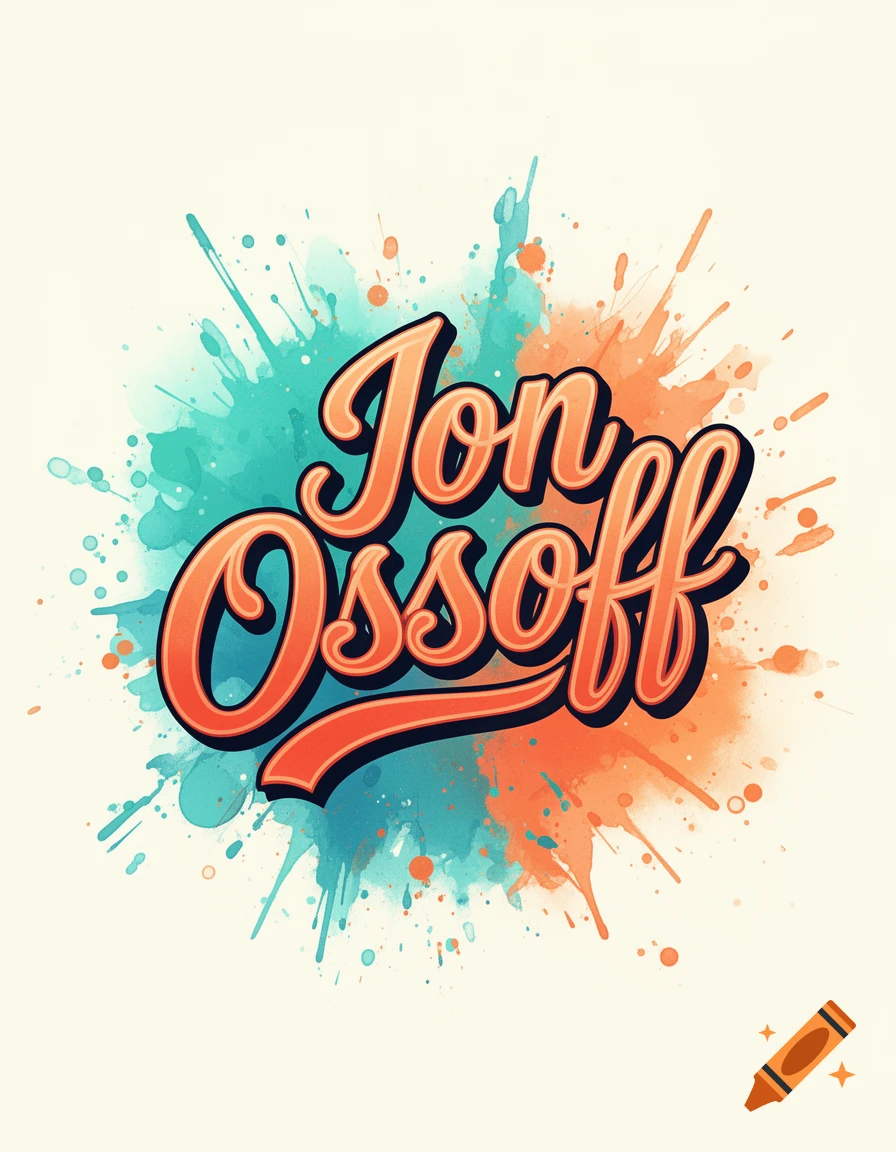 Orange script text 'Jon Ossoff' on a background of teal and orange paint splatters.