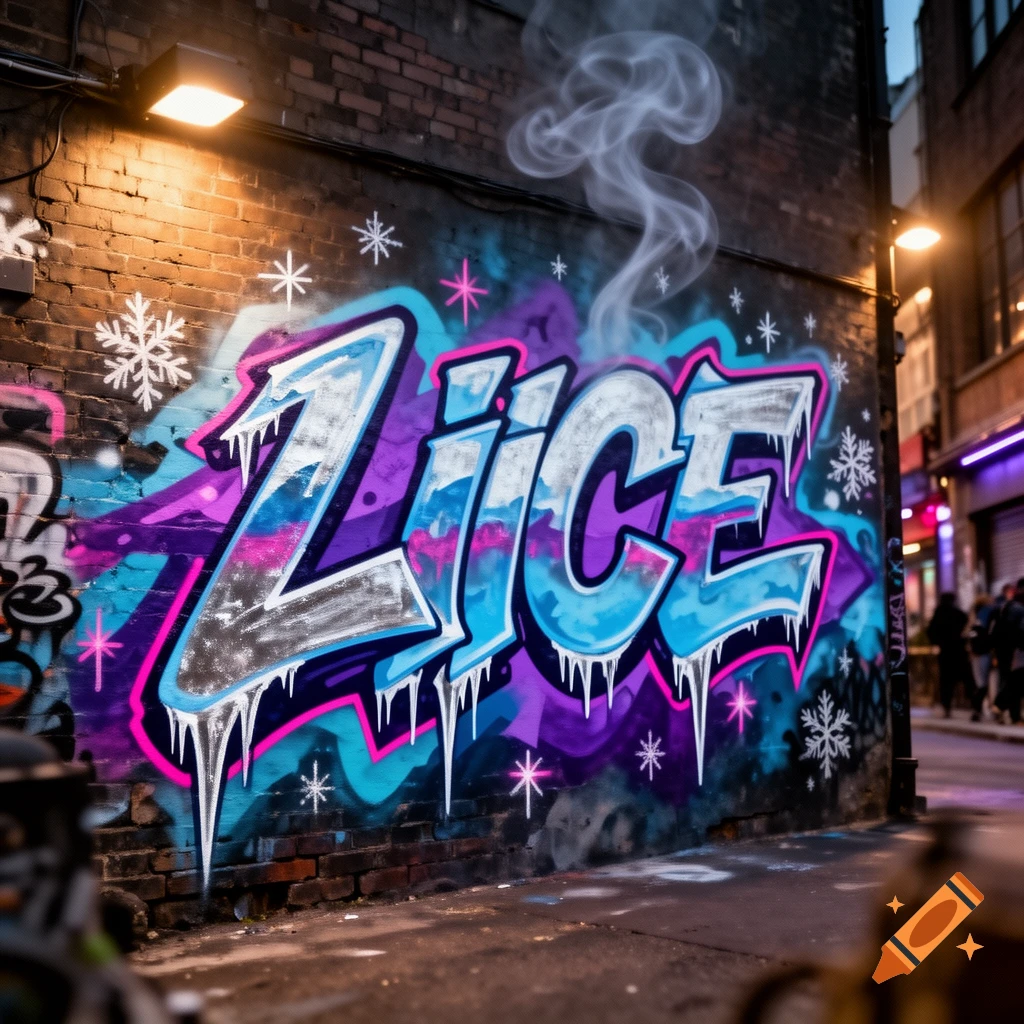 Colorful graffiti tag 'LiICE' with icicles and snowflakes on a brick wall in a dimly lit urban alley.