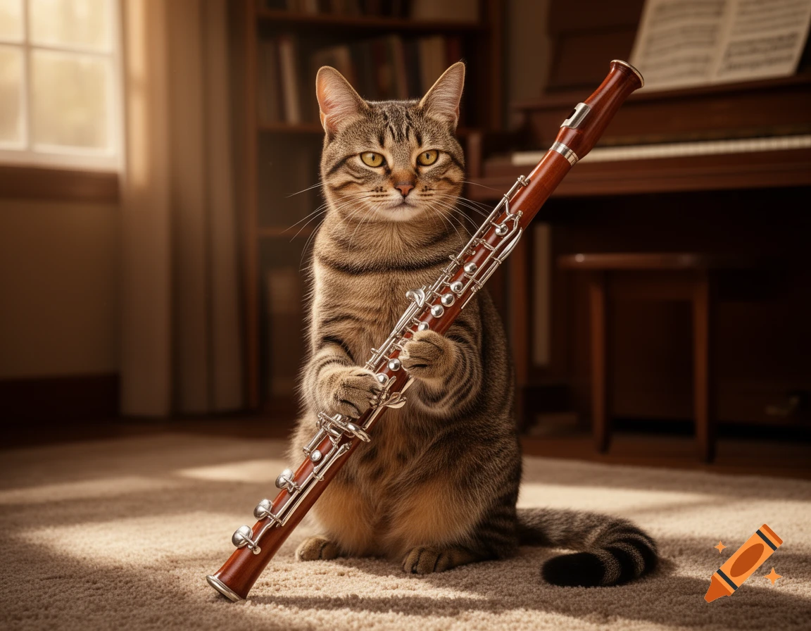 A photorealistic image of a striped tabby cat sitting on a carpet, holding an oboe-like woodwind instrument. A piano is in the background.