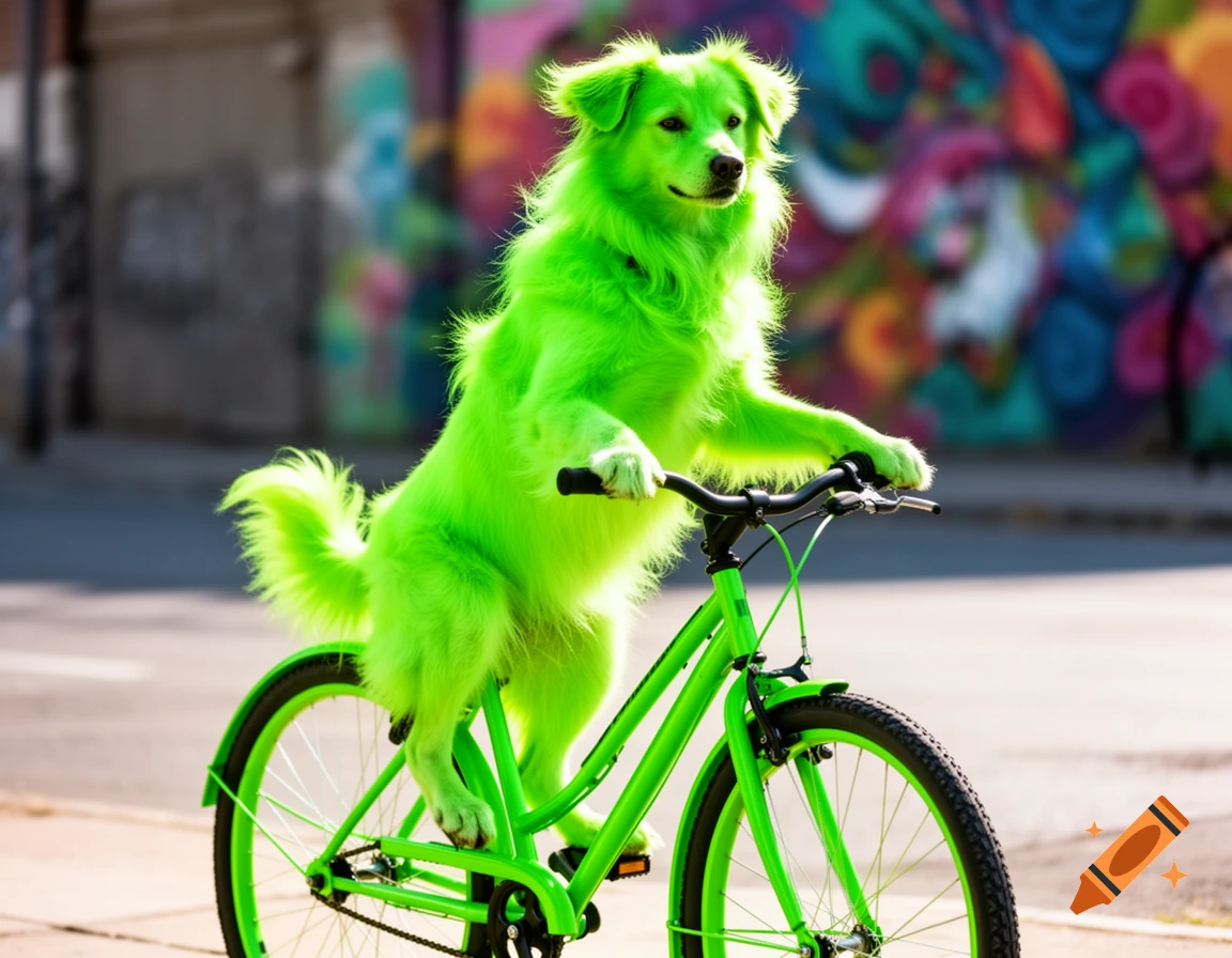 A bright green dog rides a matching green bicycle down a street with colorful graffiti in the background.