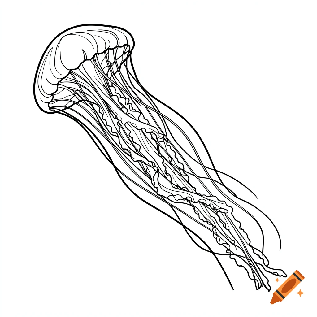 Black and white line art drawing of a Portuguese Man o' War with long, flowing tentacles on a solid white background, in a minimalist style.