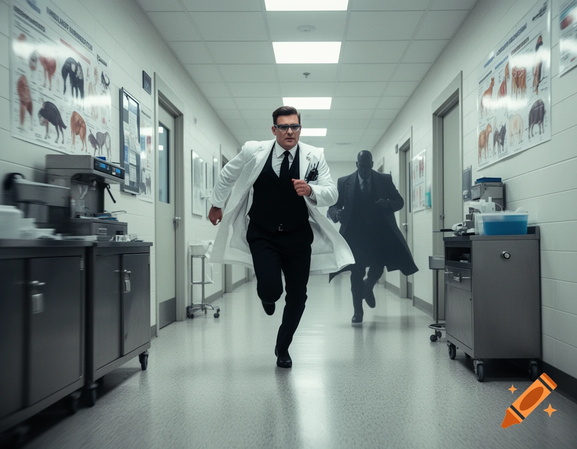 A man in a lab coat and glasses runs down a hospital corridor, pursued by a shadowy figure in a dark suit.