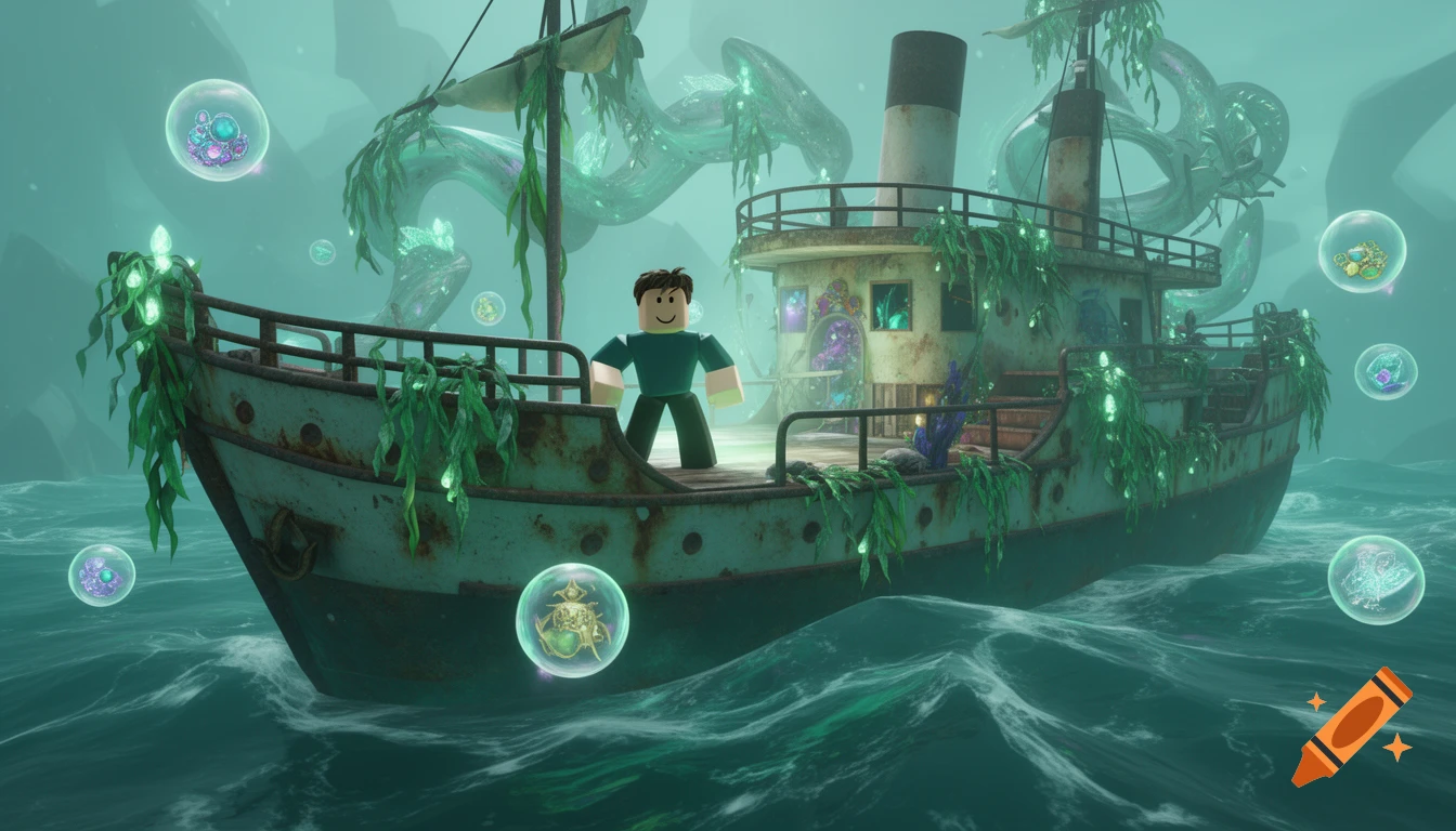 Roblox character stands on an old, moss-covered ship in a mystical, green underwater scene with glowing bubbles.
