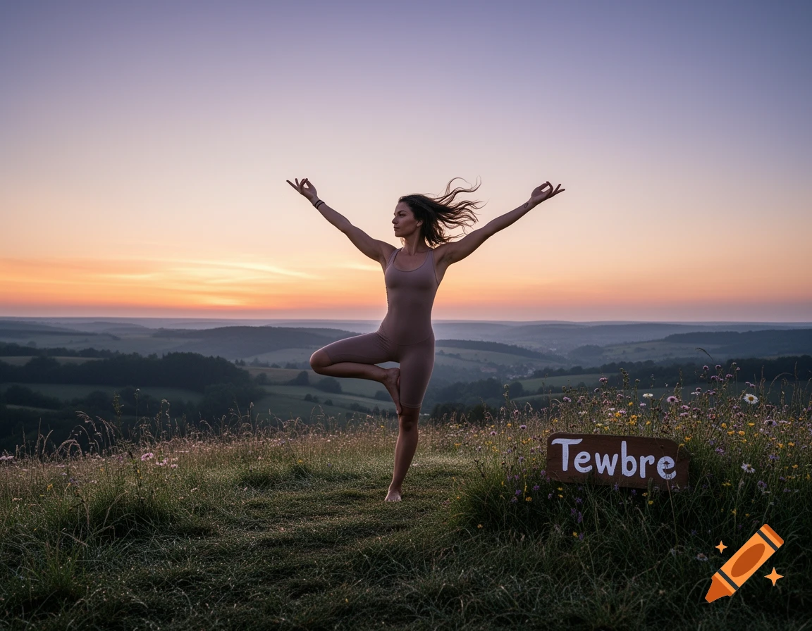 A person in a yoga tree pose on a grassy hilltop at sunrise or sunset, overlooking a vast green landscape with a sign reading "Tewbre" in the foreground.