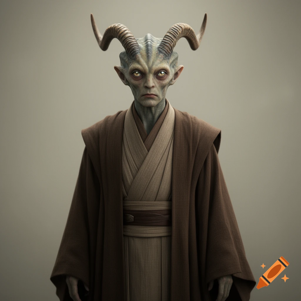 A serious-looking alien Jedi master with horns and wrinkled gray skin wearing brown robes against a simple background.
