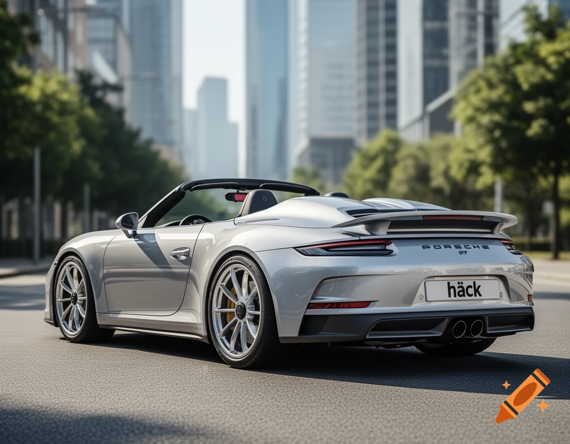 A silver Porsche convertible with a spoiler drives down a city street, with blurred tall buildings and green trees in the background.