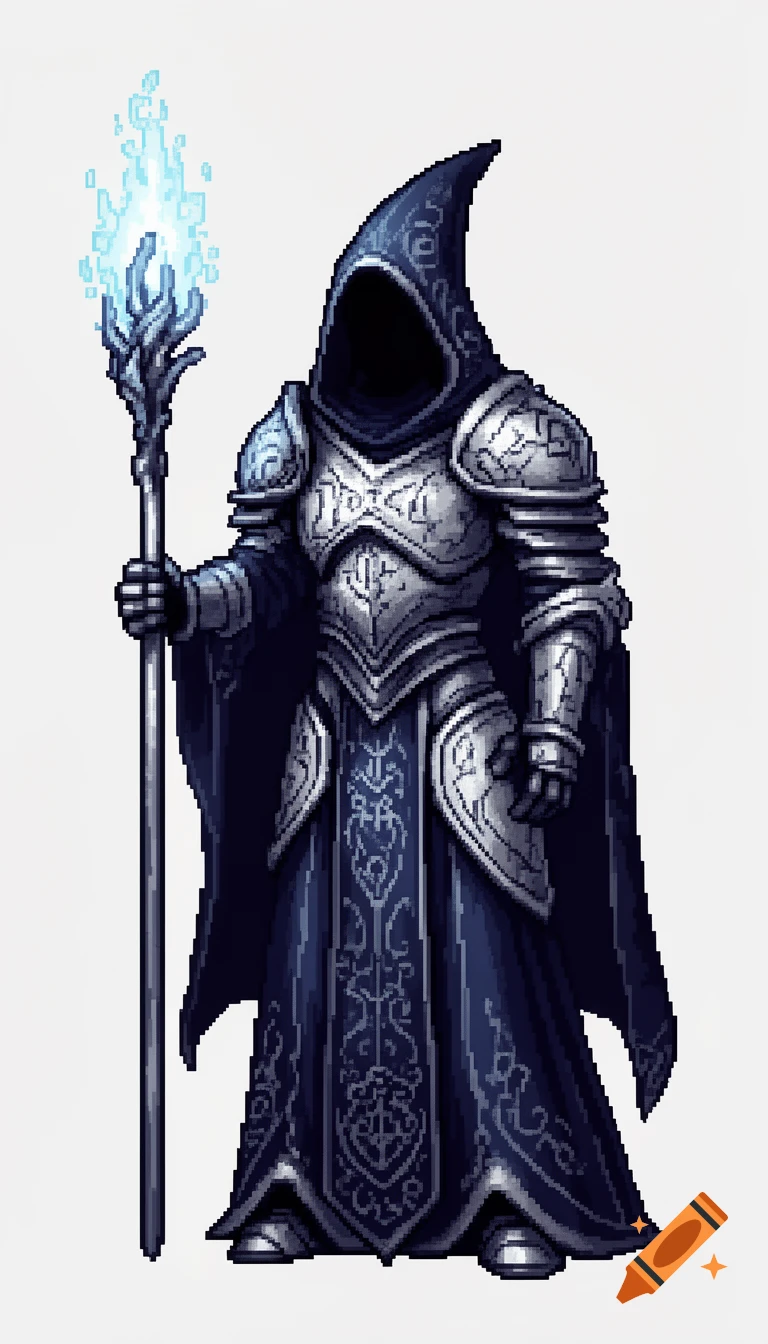 Pixel art of a hooded figure in dark blue robes and silver armor, holding a glowing blue staff.