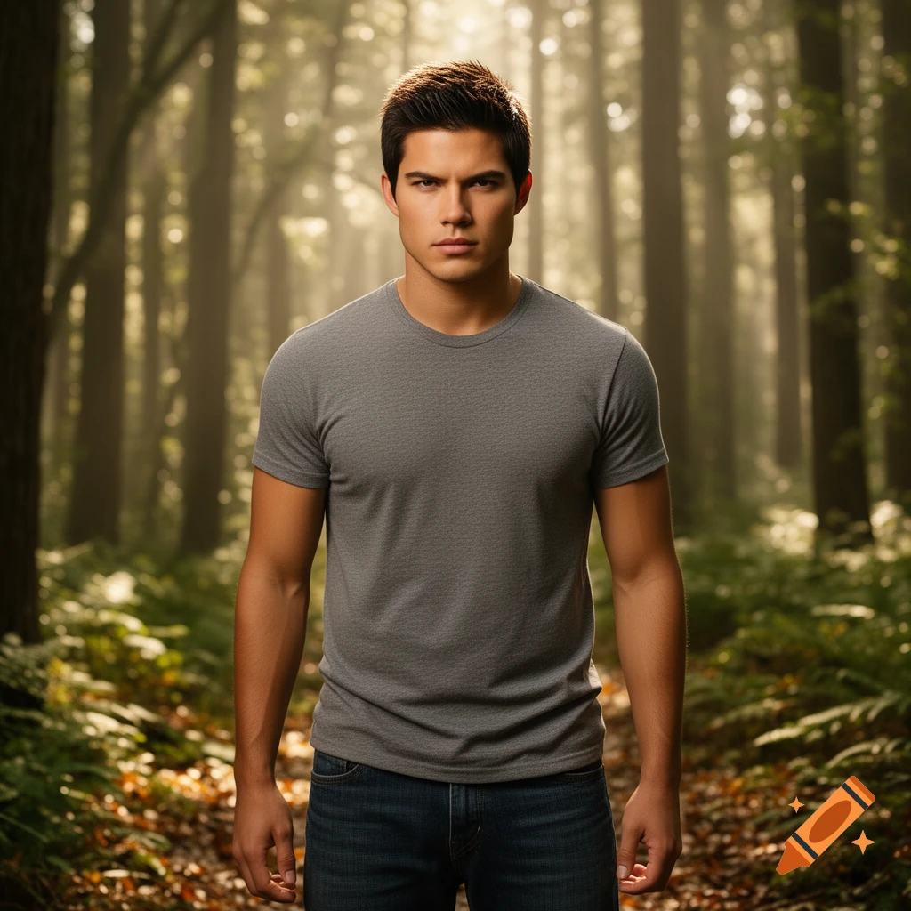 A young man with dark hair and a serious expression stands in a sunlit, foggy forest.