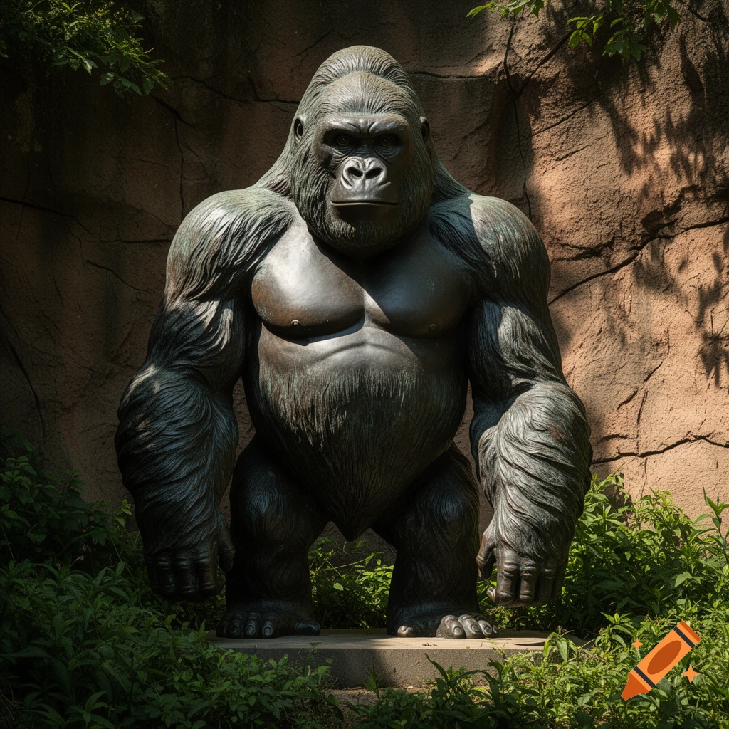 A detailed bronze statue of a powerful gorilla stands in front of a rock wall amidst green foliage.