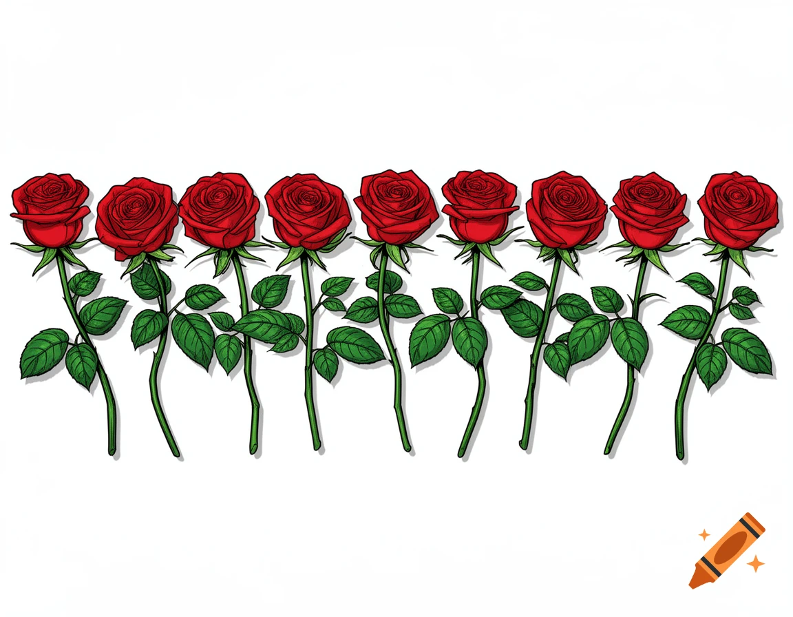 Nine red roses with green stems and leaves, arranged in a line against a white background, in a comic book illustration style.