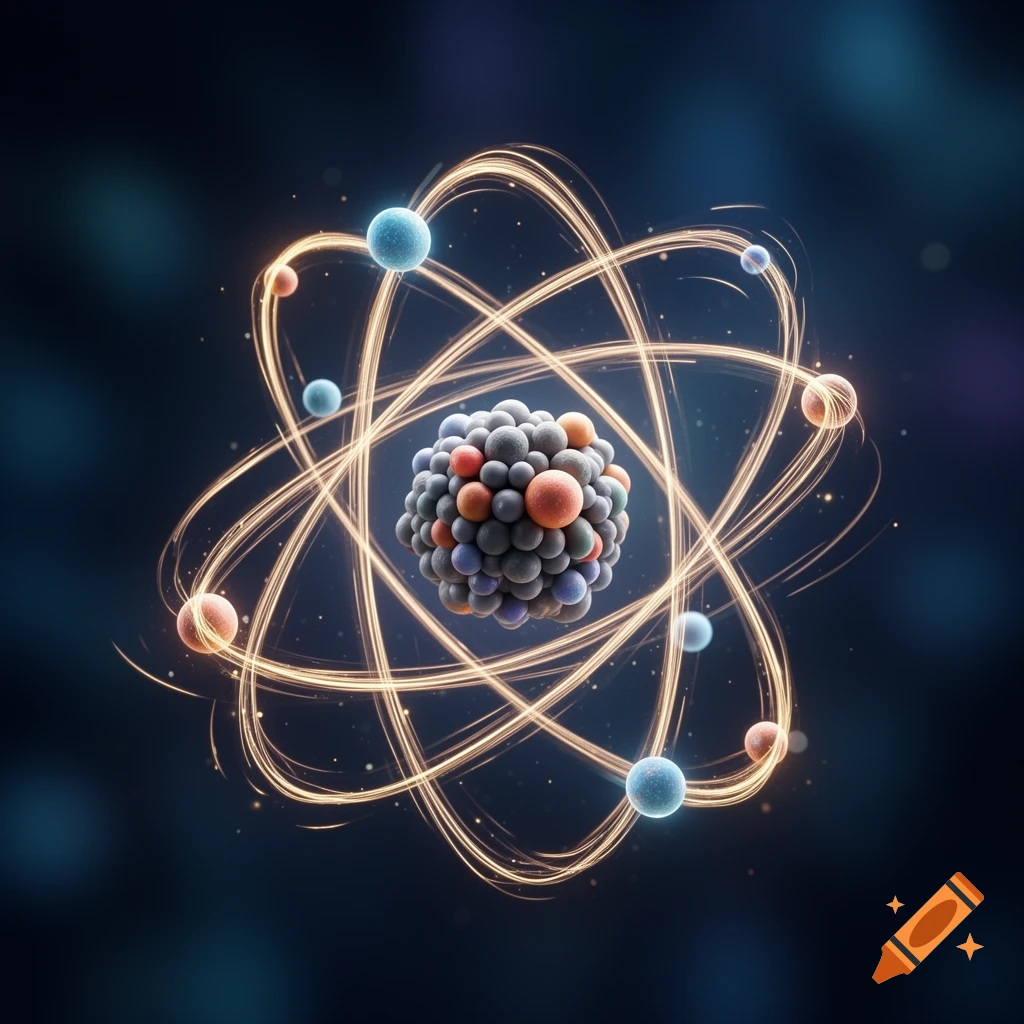 A vibrant 3D rendering of an atom with a colorful nucleus and electrons orbiting in glowing light trails against a dark background.